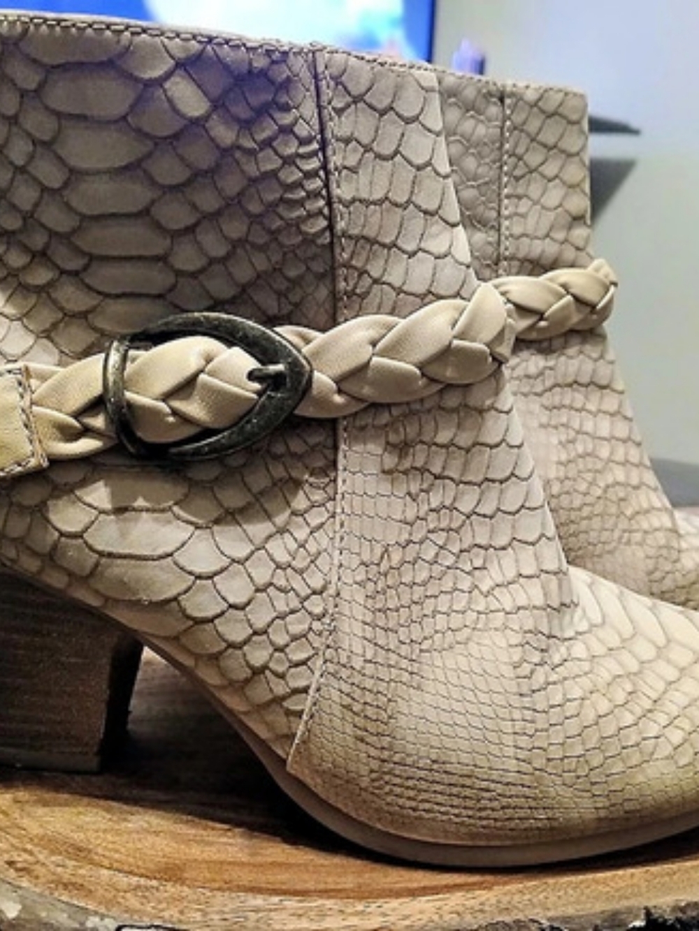 Snake-Embossed Heeled Ankle Boots in Cream Like New